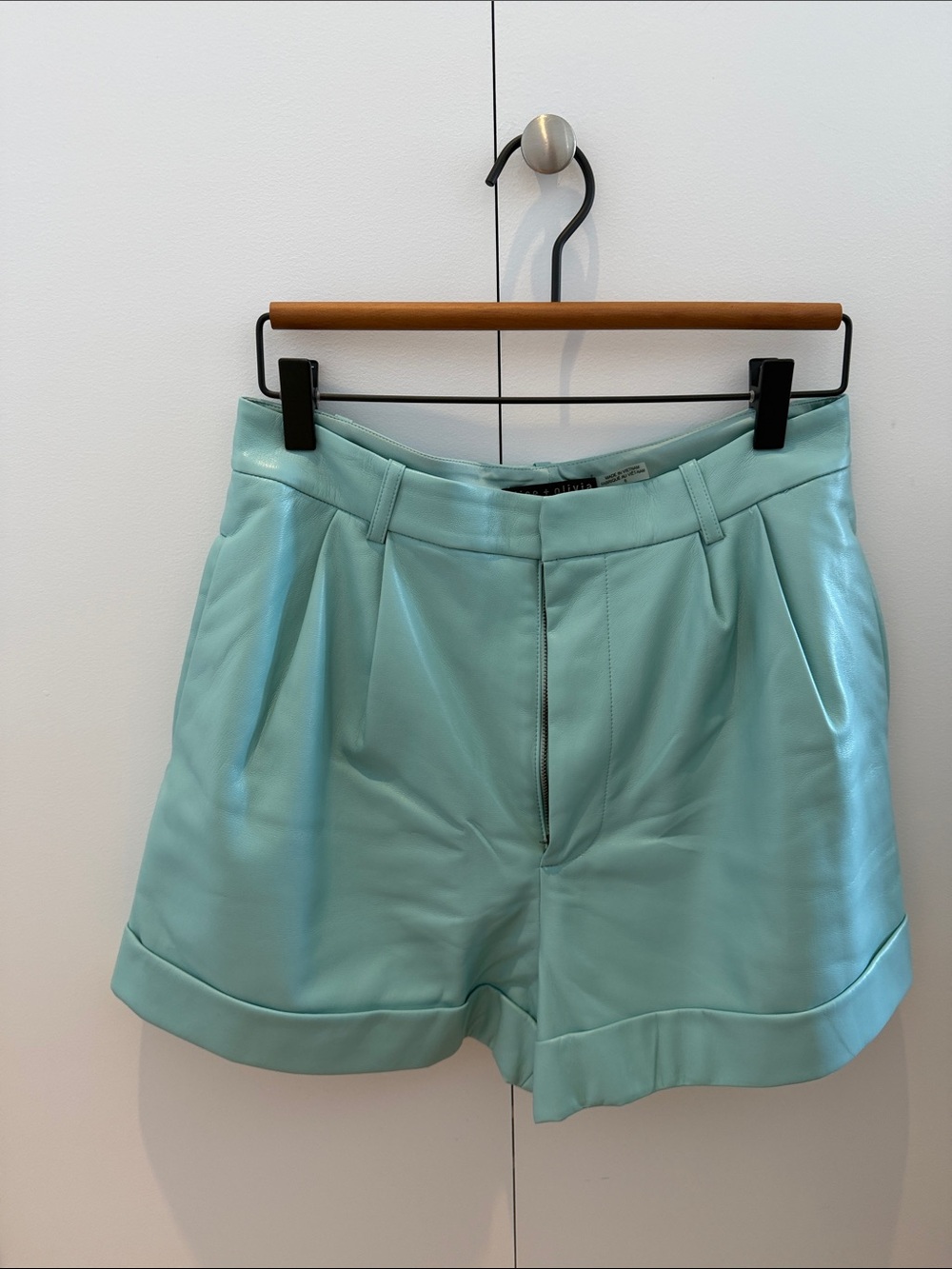 Alice + Olivia Mint Green High-Waist Pleated Leather Shorts